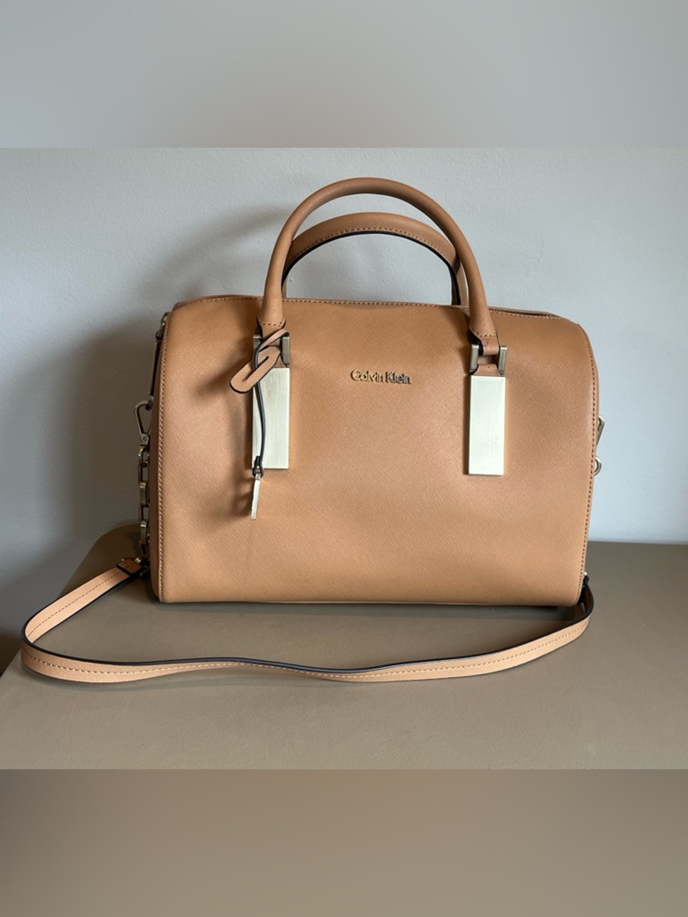 Calvin Klein Saffiano Tan Leather Satchel with Gold Hardware